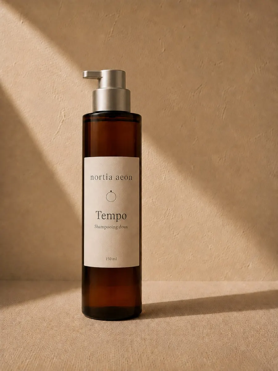 Tempo, shampooing doux Nortia Aeon, flacon en verre ambré à pompe métal brossé
